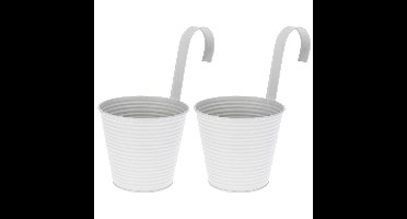 Set van 2x stuks bloempotten/plantenbakken zink met ophanghaak wit gestreept 14 x 12 x 24 cm