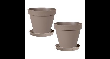 Set van 2x stuks bloempotten Toscane kunststof taupe D40 x H32 cm inclusief onderschalen D35 cm