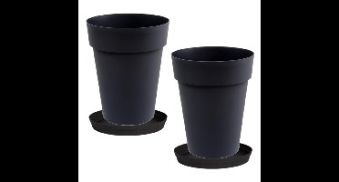 Set van 2x stuks bloempotten Toscane kunststof zwart D44 x H53 cm inclusief onderschalen D35 cm