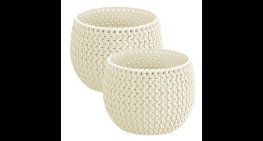 Set van 2x stuks plantenpotten/bloempotten kunststof dia 14.5 cm en hoogte 11 cm creme wit