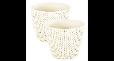Set van 2x stuks plantenpotten/bloempotten kunststof dia 16 cm en hoogte 13 cm creme wit