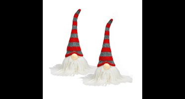 Set van 2x stuks pluche gnome/dwerg decoratie poppen/knuffels wit/rood/grijs 8 x 24 x 6 cm