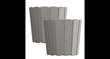Set van 2x stuks wood-look plantenpot/bloempot kunststof dia 20 cm/hoogte 18 cm steengrijs