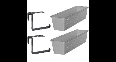 Set van 3 kunststof plantenbakken grijs rechthoekig 60 cm met 6 verstelbare railing beugels