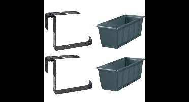 Set van 4 kunststof plantenbakken grijs rechthoekig 40 cm met 8 verstelbare railing beugels