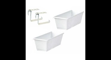 Set van 4 kunststof plantenbakken wit rechthoekig 40 cm met 8 verstelbare railing beugels