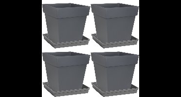 Set van 4x stuks bloempotten Toscane vierkant kunststof antraciet grijs 32 x 32 x 32 cm inclusief on