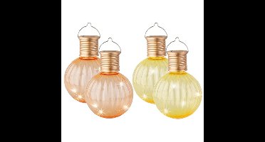 Set van 4x stuks buiten led gele en oranje lampion solar verlichting 11 cm