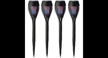 Set van 4x stuks solar tuinfakkels zwart met gekleurd vlameffect 27 cm