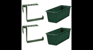 Set van 5 kunststof plantenbakken donkergroen rechthoekig 40 cm met 10 verstelbare railing beugels
