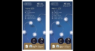 Sneeuwvlokken lichtsnoer - 2x - wit - 40 led lampjes - timer - batterij 195 cm - sneeuw verlichting