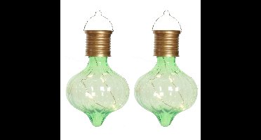 Solar hanglamp bol/peertje - 2x - Marrakech - pistachegroen - kunststof - D8 x H12 cm