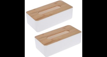 Storage Solutions Tissuedoos - 2x stuks - rechthoekig - kunststof - bamboe bovenkant - 26 x 13 cm
