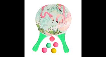 Summertime Beachball set - hout - kleurenmix - strand sport speelset - met 5x balletjes