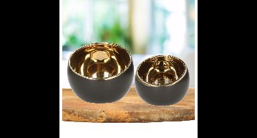 Theelichthouders/kaarsenhouders - set van 2x - zwart/goud - keramiek