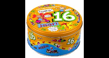 Thema snoeptrommel/koektrommel - 16 jaar - 14 x 8 cm - verjaardag cadeau - jarig