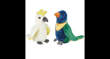 Tropische vogels pluche knuffels 2x stuks - Kaketoe en Lori Parkiet van 15 cm