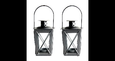 Tuin lantaarn/windlicht - Set van 2x stuks - ijzer - zilver - 7,5 x 7,5 x 11 cm - Tuinverlichting -