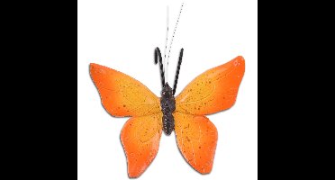 Tuindecoratie bloempothanger vlinder - kunststeen - oranje - 13 x 10 cm