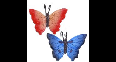 Tuindecoratie bloempothangers vlinder - set 2x - blauw/rood - kunststeen - 13 x 10 cm