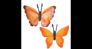 Tuindecoratie bloempothangers vlinder - set 2x - oranje/oranjerood - kunststeen - 13 x 10 cm