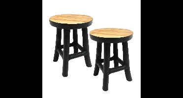 VD Leeden plantverhoger - 2x - teak hout - zwart - D20 x H27 cm - krukje