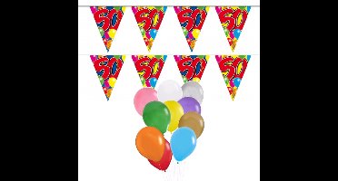 Verjaardag 14 jaar feestartikelen set - 50x ballonnen - 3x leeftijd print vlaggenlijnen