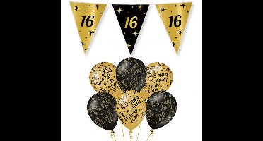 Verjaardag 16 jaar versiering pakket zwart/goud 16 en party-time