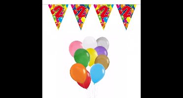 Verjaardag 2 jaar feestartikelen set - 50x ballonnen - 2x leeftijd print vlaggenlijnen