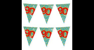 Verjaardag 90 jaar thema vlaggetjes - 2x - feestversiering - 10m - folie - dubbelzijdig
