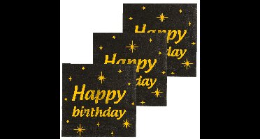 Verjaardag feest servetten - Happy Birthday - 48x stuks - zwart/goud - 33 x 33 cm