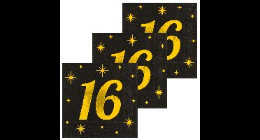 Verjaardag feest servetten - leeftijd 16 jaar - 48x stuks - zwart/goud - sterren - 33 x 33 cm