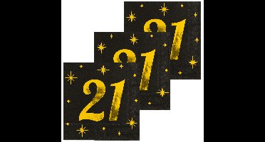 Verjaardag feest servetten - leeftijd 21 jaar - 48x stuks - zwart/goud - sterren - 33 x 33 cm