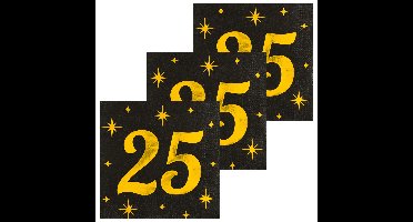 Verjaardag feest servetten - leeftijd 25 jaar - 48x stuks - zwart/goud - sterren - 33 x 33 cm
