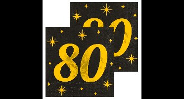 Verjaardag feest servetten - leeftijd 80 jaar - 32x stuks - zwart/goud - sterren - 33 x 33 cm