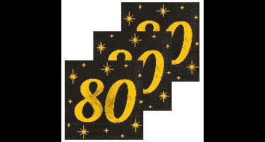 Verjaardag feest servetten - leeftijd 80 jaar - 48x stuks - zwart/goud - sterren - 33 x 33 cm