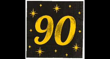 Verjaardag feest servetten - leeftijd 90 jaar - 16x stuks - zwart/goud - sterren - 33 x 33 cm