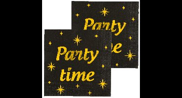 Verjaardag feest servetten - Party Time - 32x stuks - zwart/goud - 33 x 33 cm