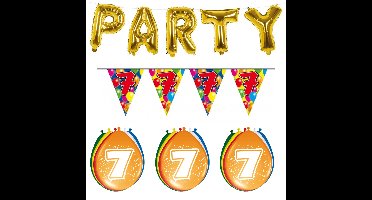 Verjaardag feestversiering 7 jaar PARTY letters en 16x ballonnen met 2x plastic vlaggetjes