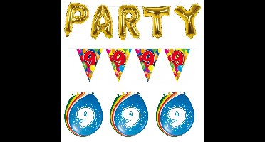 Verjaardag feestversiering 9 jaar PARTY letters en 16x ballonnen met 2x plastic vlaggetjes