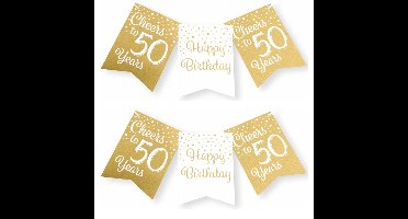 Verjaardag vlaggenlijn 50 jaar - 2x - binnen - karton - wit/goud - 600 cm