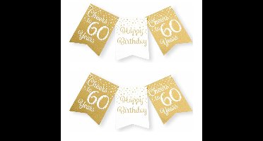 Verjaardag vlaggenlijn 60 jaar - 2x - binnen - karton - wit/goud - 600 cm