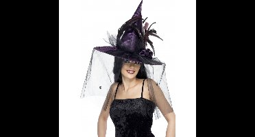 Verkleed heksenhoed met sluier - paars - dames - Carnaval/Halloween