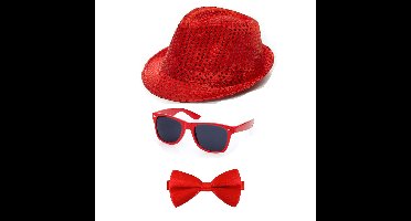 Verkleedkleding set - rood - Glitter and glamour - hoedje - strikje - party bril - heren