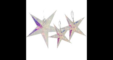 Verlichte kerststerren - 3x st - 26, 34 en 53 cm - zilver - iriserend - op batterijen - led