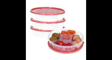 Vershoudbakje/bewaarbakje - 3x - luchtdicht - 5 vakjes - koraalrood - kunststof - 2 liter