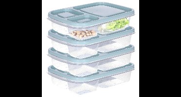 Vershoudbakje/lunchbox - 4x - luchtdicht - 3 vakjes - lichtgroen - kunststof - broodtrommel - 24 x 1