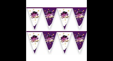 Vlaggenlijn geslaagd thema - 2x - 10 meter - paars/wit - plastic - diploma examenfeest hangdecoratie
