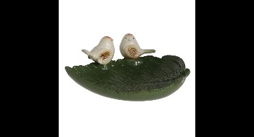 Vogelbad/voederschaal - blad - groen - steen - 21 x 19.2 x 6.7 cm - drinkschaal voor tuinvogels