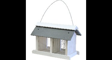 Vogelhuisje/voedersilo met twee vakken wit hout/leisteen 31 cm